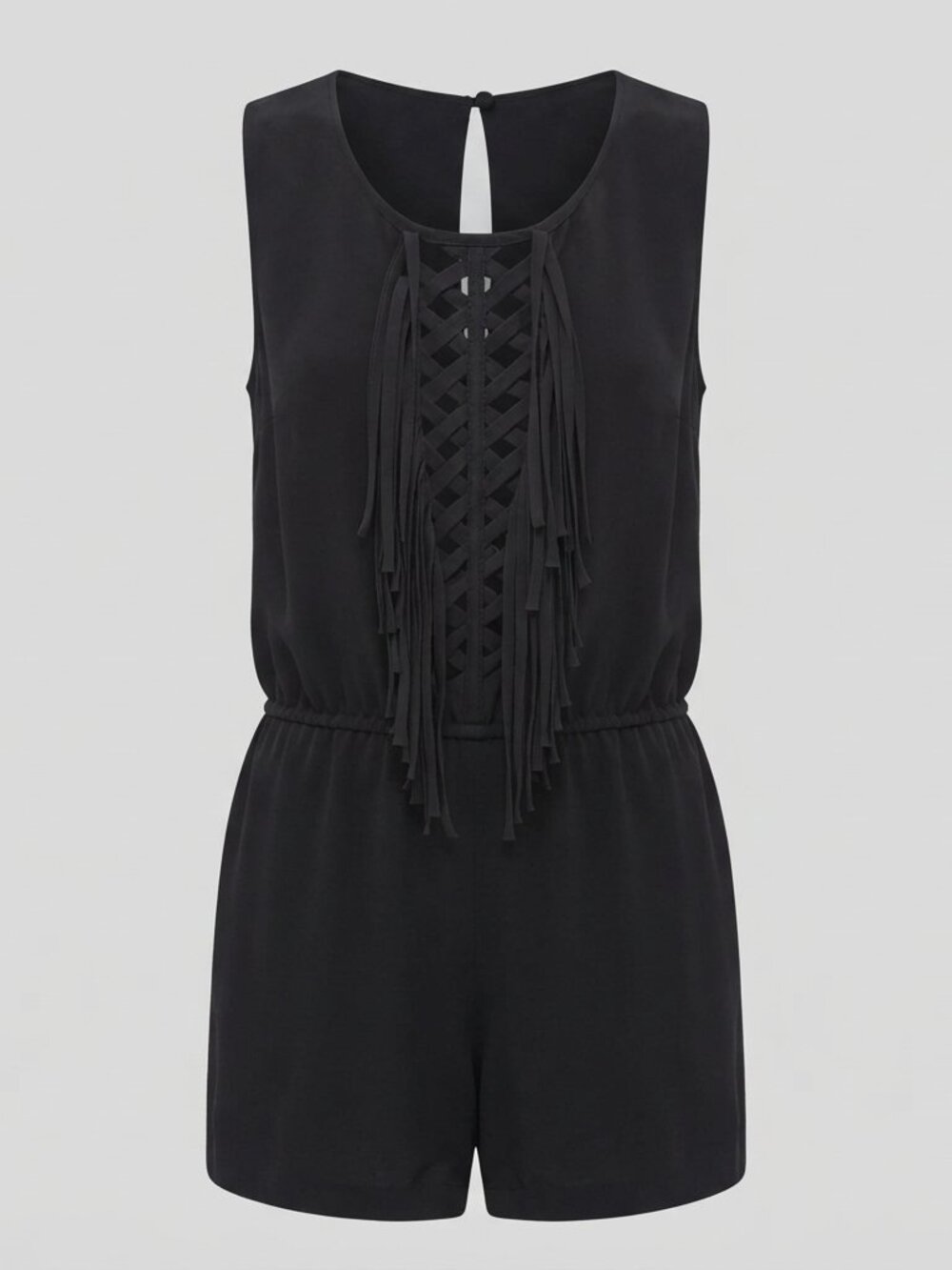 BCBGMAXAZRIA Black Silk Fringe Lattice Romper Back Keyhole Size S Style BID9C039